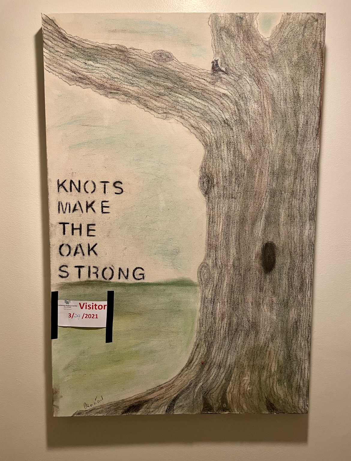 Knots Make the Oak Strong: a hand-drawn oak on canvas with a 2021 visitor badge fixed into the work